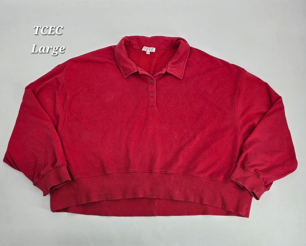 TCEC Coral Red Cropped Collared Sweatshirt Oversized Pullover Rugby Preppy Large